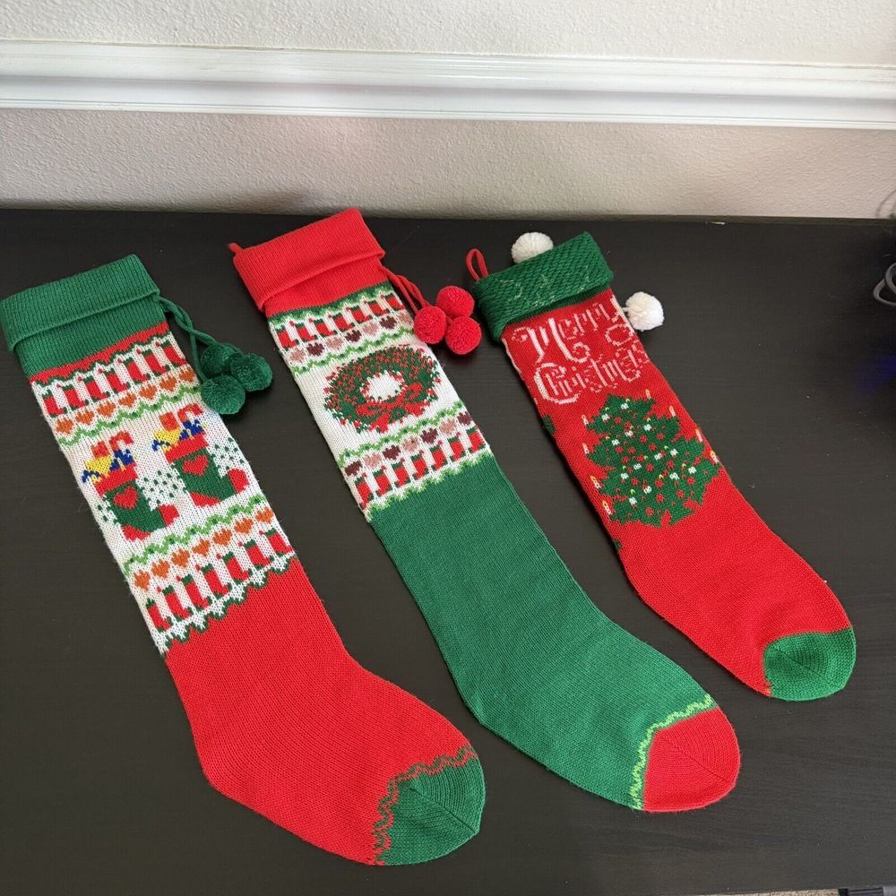 Vintage Hand‎ Knitted Christmas Stockings Santa Wreath Christmas Tree Lot Of 3